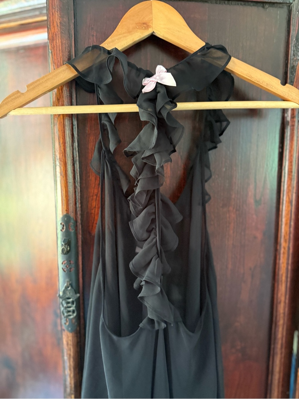 Black Sheer Halter Teddy with Cascading Ruffle Back